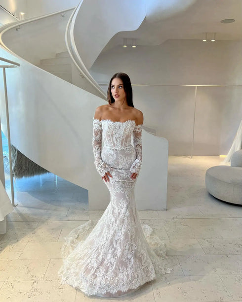 Sexy See Through Back Long Sleeves Lace Mermaid Wedding Dresses